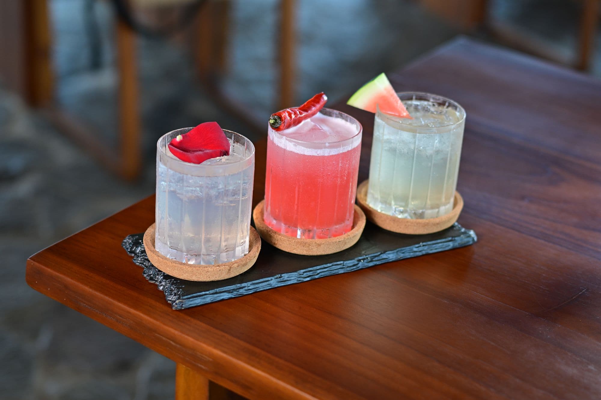 Trio of fresh cocktails on the restaurant bar