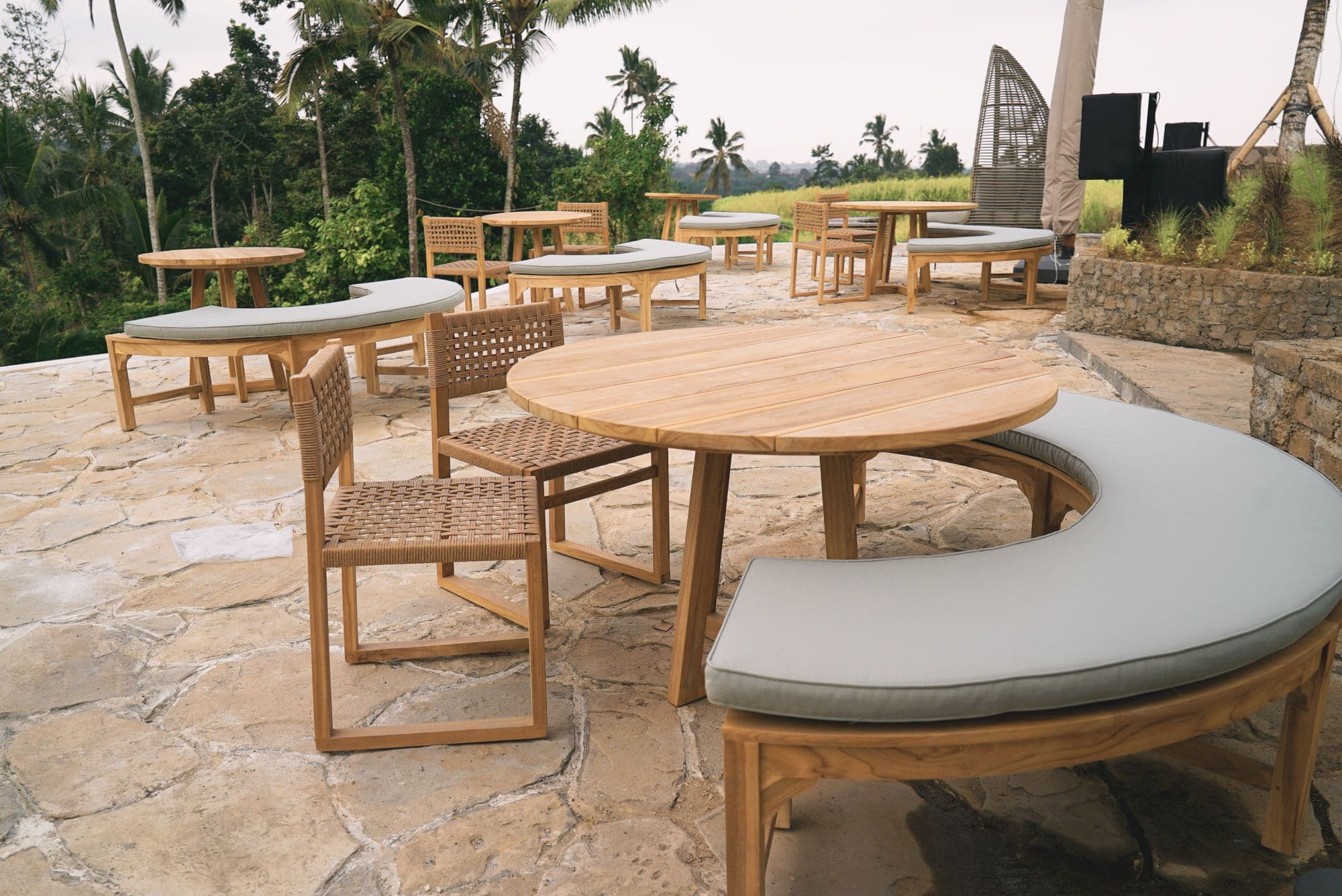 Terrace dining tables set above the valley at Kayun Shali