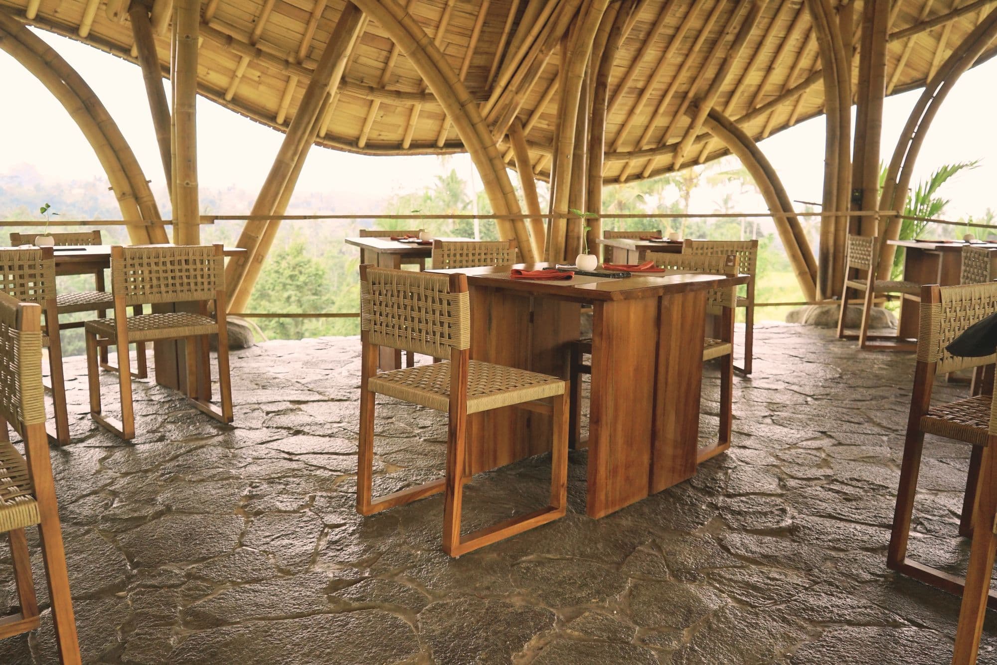 Curved bamboo interior of the Kayun Shali dining hall